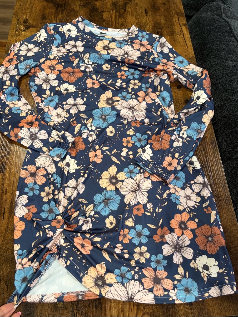 Long Sleeve Floral Navy Dress with multi-colored flowers